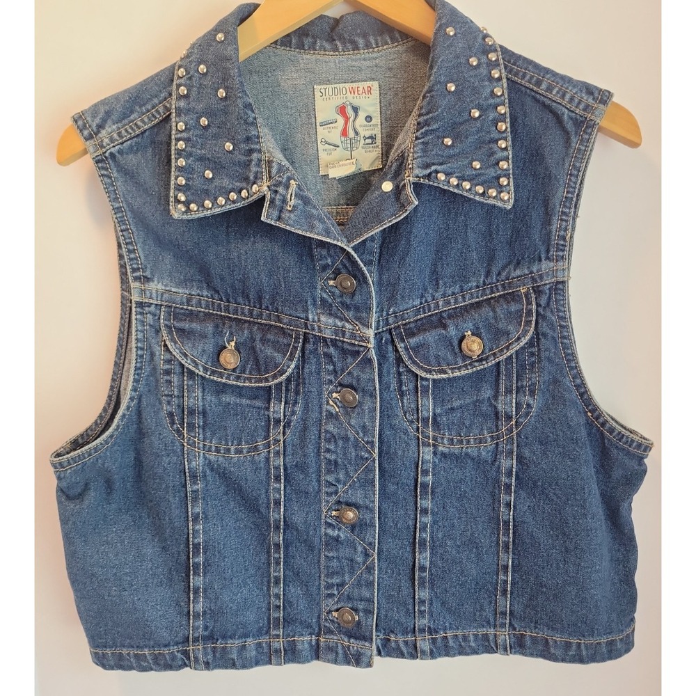 VTG Studio Wear Studded Denim Vest Womens Large Western Cowgirl Trucker Biker
